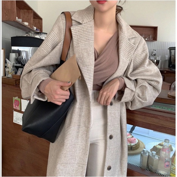 Coat long plaid vintage lantern puff sleeve runway womens soft khaki bel… - Picture 4 of 10